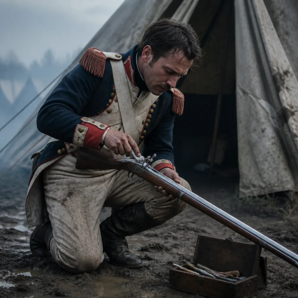 Soldat napoléonien nettoyant son fusil avec sa baguette en campagne