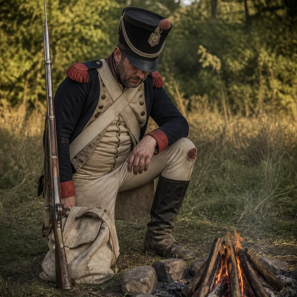 Soldat napoléonien en tenue de campagne avec sac, fusil et giberne, dans un bivouac