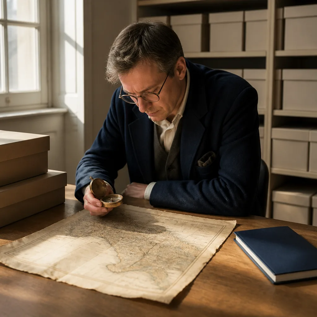 Table de travail avec livres anciens, carnets ouverts et une chaise vide, transmettant la méthode historique